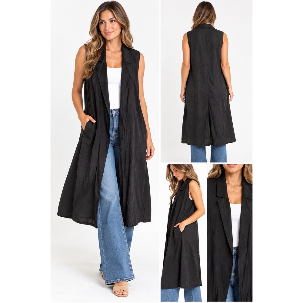 Eileen Fisher Womens XL Black Tencel Linen Long Vest Duster Open Front NWT